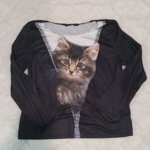 Black Long Sleeve Cat Print Top